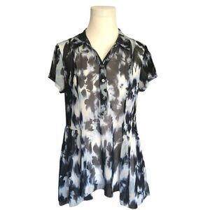 INC Top - Sheer Blue - Short Sleeve Blue Graphic Print - Sz L - Like New